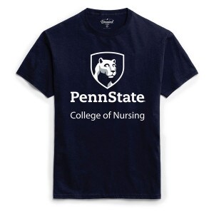 short sleeve navy t-shirt with Penn State College of Nursing below Lion Shield graphic